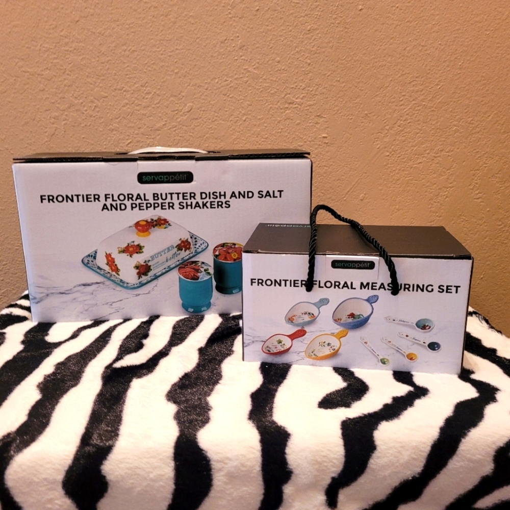 NIB Set-Ceramic Floral Butter Dish with salt & pepper shakers + measuring set